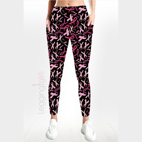 Pink Ribbon - Two Pockets  - Wide Band Cancer Awareness Leggings - Picture 1 of 3